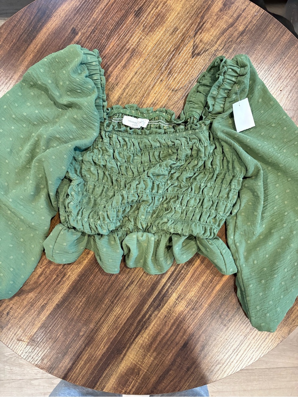 Treasure & Bond Olive Green Smocked Puff-Sleeve Crop Top